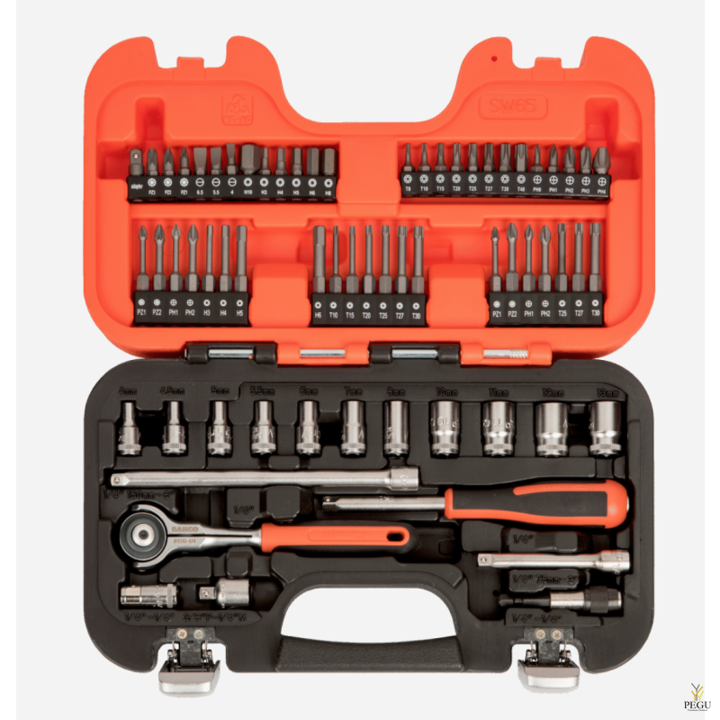 Bahco SW65 набор инструментов  1/4" 4-13mm накидные головки, поворотная ручка. 65 шт