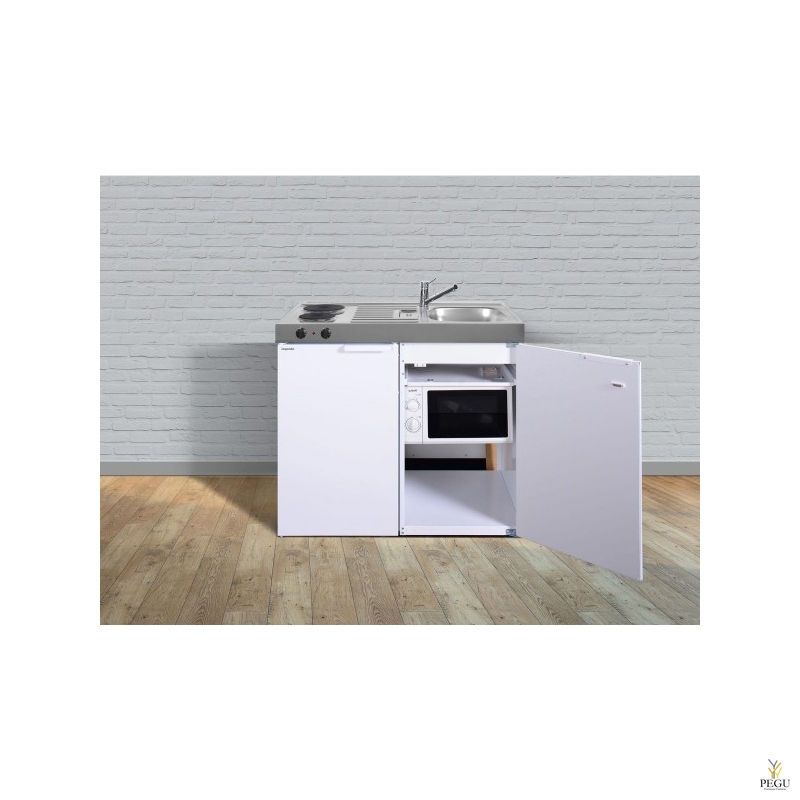 Miniköök metallist Stengel MKM100,  külmik , elektripliit, mikrolaineahi ,valge, valamu paremal