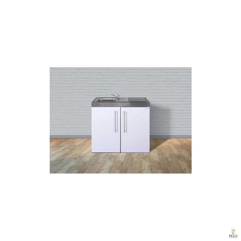 Miniköök metallist Stengel MP100,  külmikuga, induktsioonpliidiga, valge, valamu vasakul