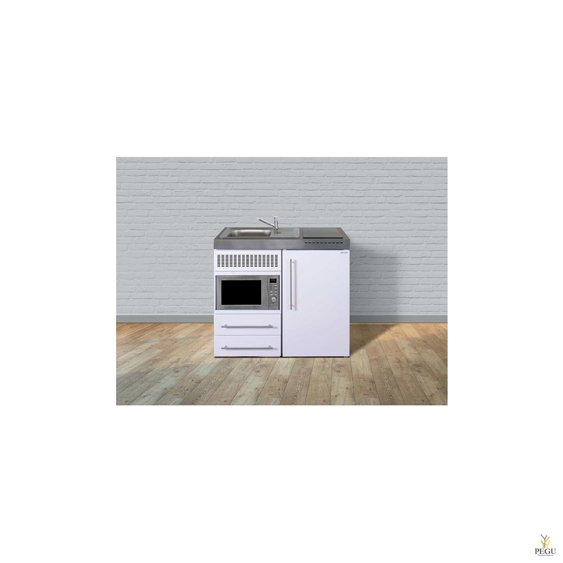 Miniköök metallist Stengel MPM100,  külmikuga, mikrolaineahjuga, induktsioonpliidiga, valge, valamu vasakul