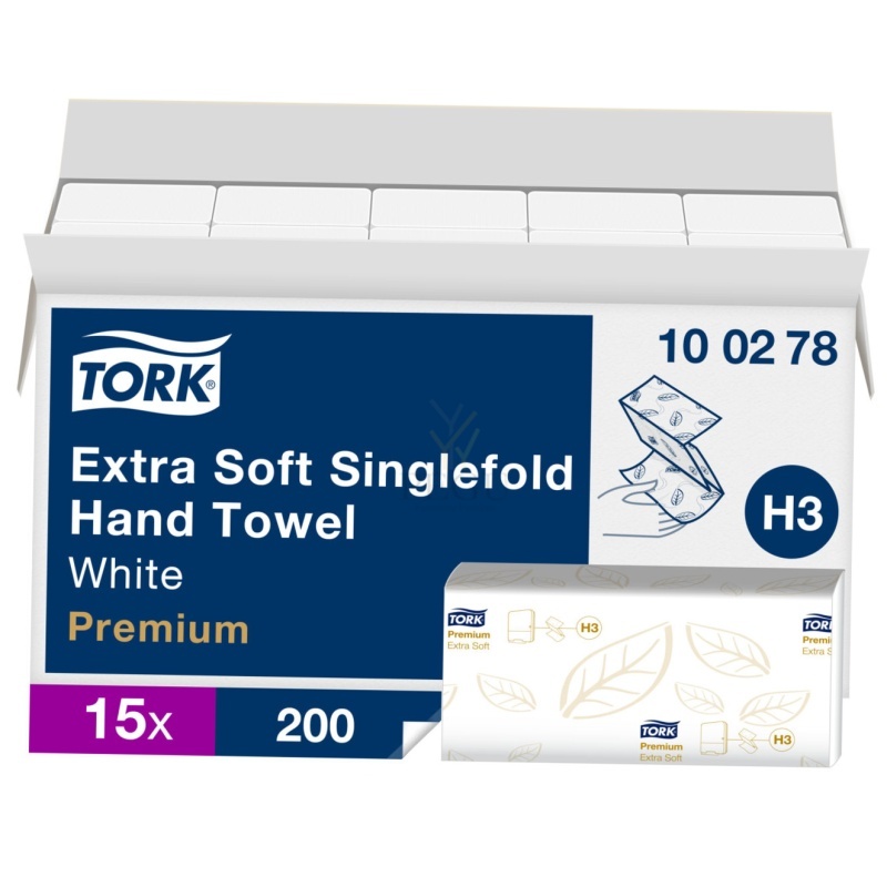 Tork 100278 Extra Soft Singlefold käterätik (H3) PREMIUM V-voltimine 2x, lehtkätepaberrätikud pehme 15×200 tk