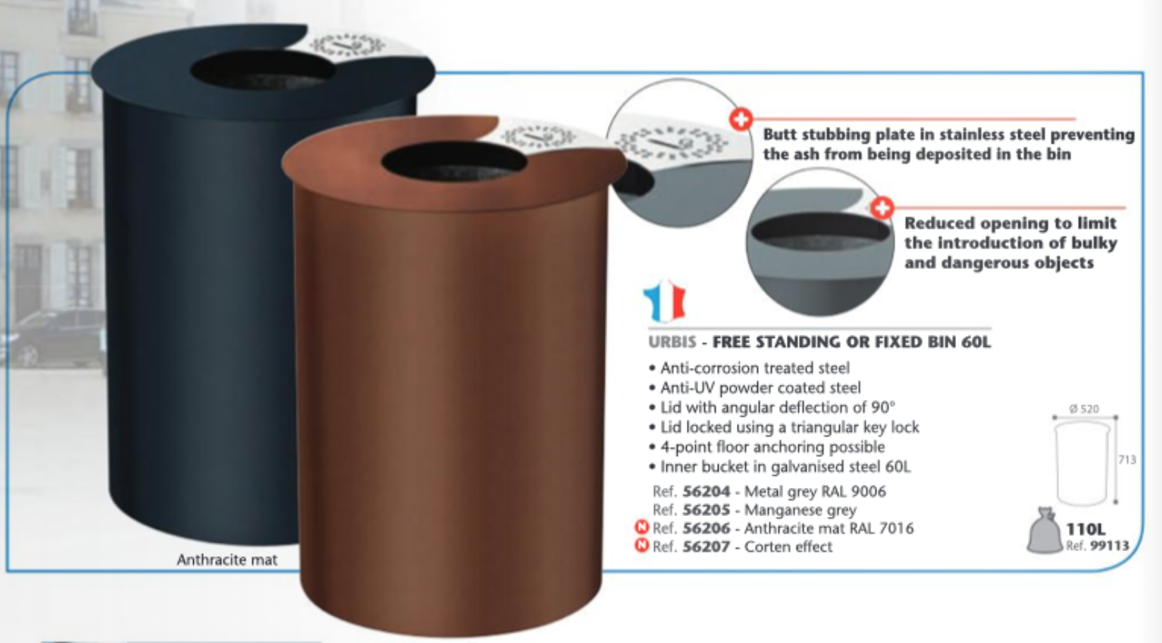 Prügikastid õue, -linna, -parki eraldiseisev või fikseeritud Rossignol URBIS