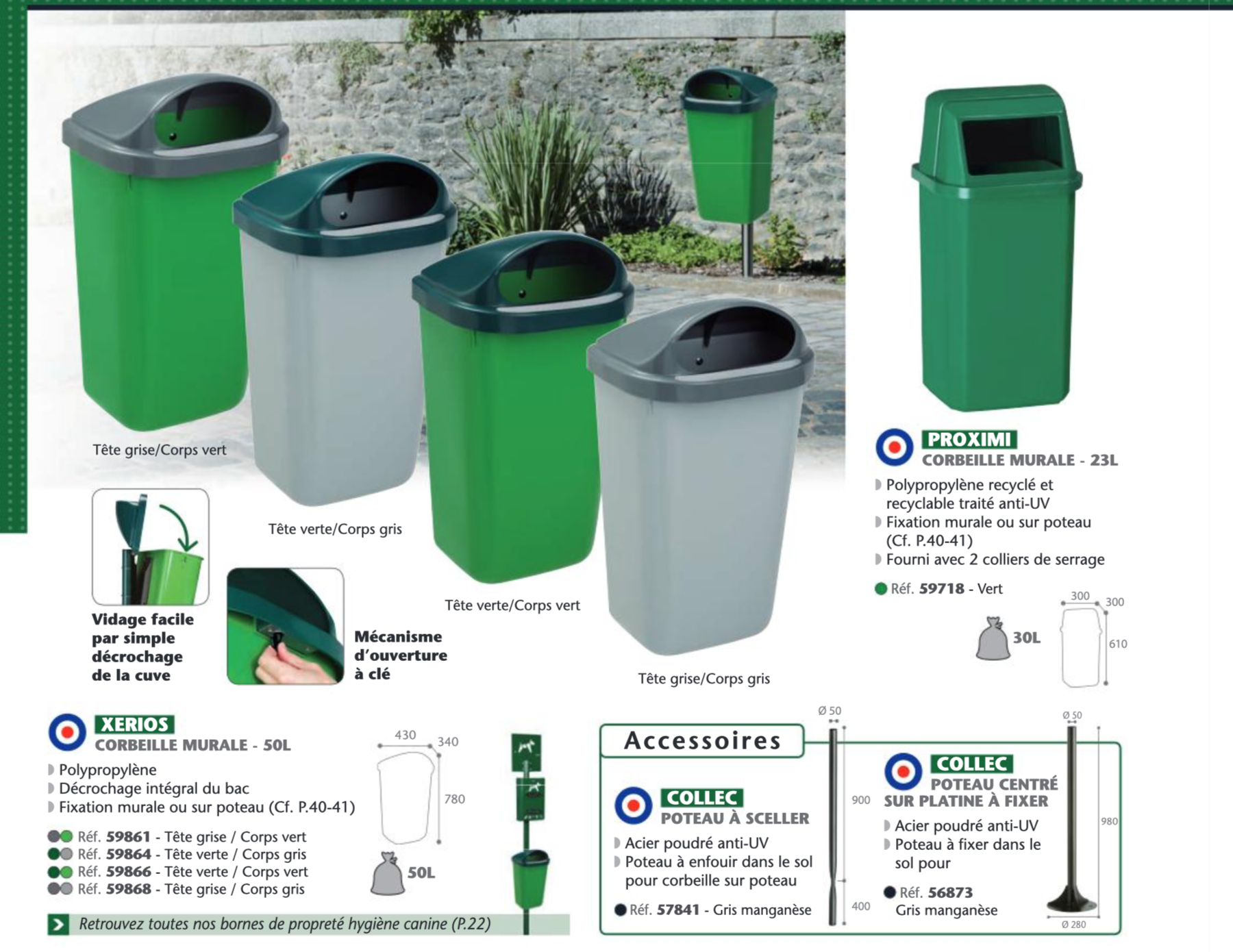 Polypropylene õue, tänava, parki prügikastid 50L seinale, postile Rossignol XERIOS